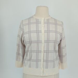 01274 Anne Taylor Plaid Knit Cardigan Sweater Ivory Pink size XLarge preppy fall